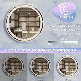DIDIDADA 30 Inch Crystal Round Bathroom LED mirror with Front Light 3 Color 30 Inch Round Bathroom Lighted Vanity Mirror for Bathroom Wall Mounted Mirror Anti Fog Light up Bathroom Circle Smart Mirror