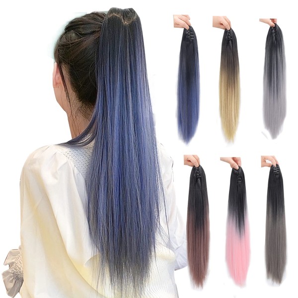 Arcutina Women's Clip On Colorful Gradient Ponytail Wig Extensions Long Straight Hair Extensions Wig Point Wig Heat Resistant (50cm, Blue)