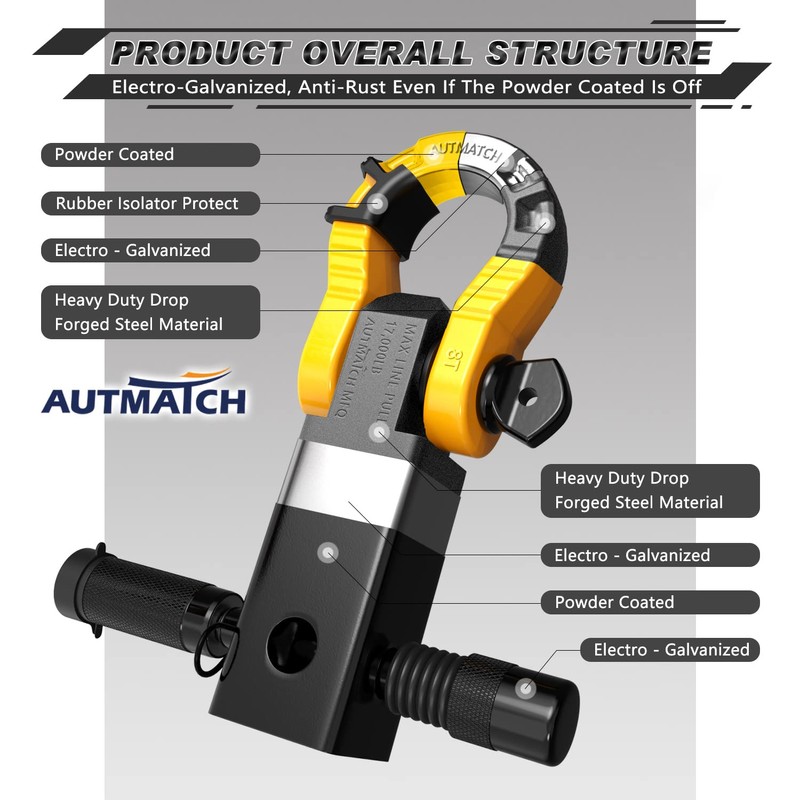 AUTMATCH Shackle Hitch Receiver 2" with 3/4" Mega D Ring