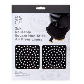 VFM - Air Fryer Liner Square 2 Pack Reusable Non Stick PTFE Liners for Accompanying When Cooking with Ovens and Pressure Cookers, Barbecue, Roasting - 20 x 20cm Black