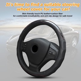 AUCELI Car Steering Wheel Cover, Carbon Fiber Leather Genuine Vehicle Steer Wheel Protector, Breathable Auto Interior Decor Protective Accessories, 15Inch Universal for SUV, Truck, RV（Black）