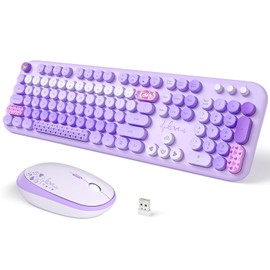 Wireless Keyboard and Mouse, SQMD Colorful Typewriter Retro Keyboard with Round Keycaps, 2.4GHz USB Full-Size Keyboard and Mouse Set for Mac PC Desktop Laptop (Purple Colorful)