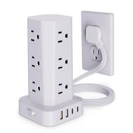 Power Strip Tower Surge Protector, 6FT Flat Plug Extension Cord with Multiple Outlets, 12 AC Outlets 4 USB (2 USB C), Desktop Charging Station with Surge Protection for Home Office Dorm Room, White