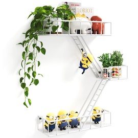 MVPSONAG MVPSONAG Fire Escape Shelf - 3 Tier Metal White Fire Escape Wall Shelves with Baskets, New York Action Figurine Display Shelf, Unique Rustic Floating Decorative Wall Shelves for Any Room
