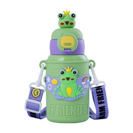 Cute Robot Frog Sheep Vacuum Cups, 15.4oz Insulated Stainless Steel Water Bottles with Straw, Adjustable Strap Crossbody Travel Leakproof Thermal Cups (Green)