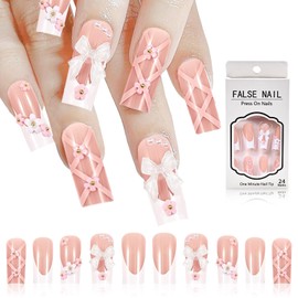 24 Pieces Long Square Coffin Press on Nails with Bow Flower, Full Cover Fake Nails, Pink False French Tip Nails, Charms Rhinestones Pearl Stick on Nails for Women Girls, 1 Mini File, 1 Nail Sticker