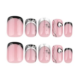 French Tip Press on Nails Short Square Black Heart Glue on Nails with Silver Glitter Designs Fake Nails Heart Acrylic False Nails for Women Girls Daily Wear 24Pcs