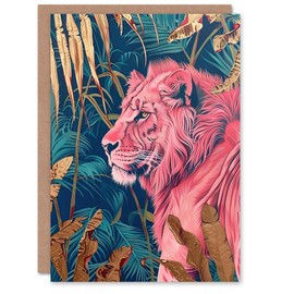 Artery8 Greeting Card Regal Pink Lion in Teal Blue Gold Tropical Jungle Blank For Him Or Her Art Birthday Card