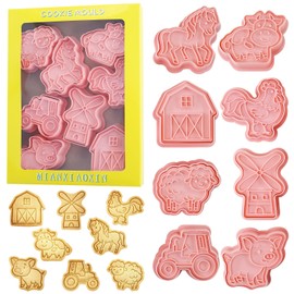 Juego de cortadores de galletas de animales de granja con sellos de galletas, 8 piezas de plástico con temática de animales de granja divertido molde de galletas para niños hornear (granja)