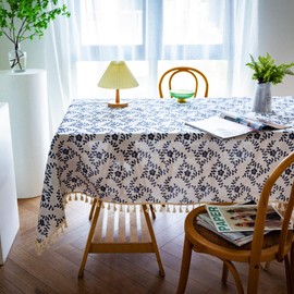 YUURAINVUVU Vintage Dark Blue Floral Square Tablecloth - Cotton Linen Fabric Table Cloth with Tassel, Table Cover Pastoral Square Table Cloths for Outdoor Indoor Kitchen Farmhouse(55x55Inch)