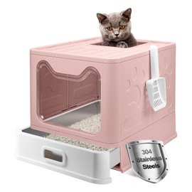 Stainless Steel Litter Box with Lid, Front Entry Top Exit Kitty Litter Box, Large Enclosed Metal Litter Box with Litter Scoop, Anti-Leakage, Non-Sticky, Easy Cleaning Cover Litter Box