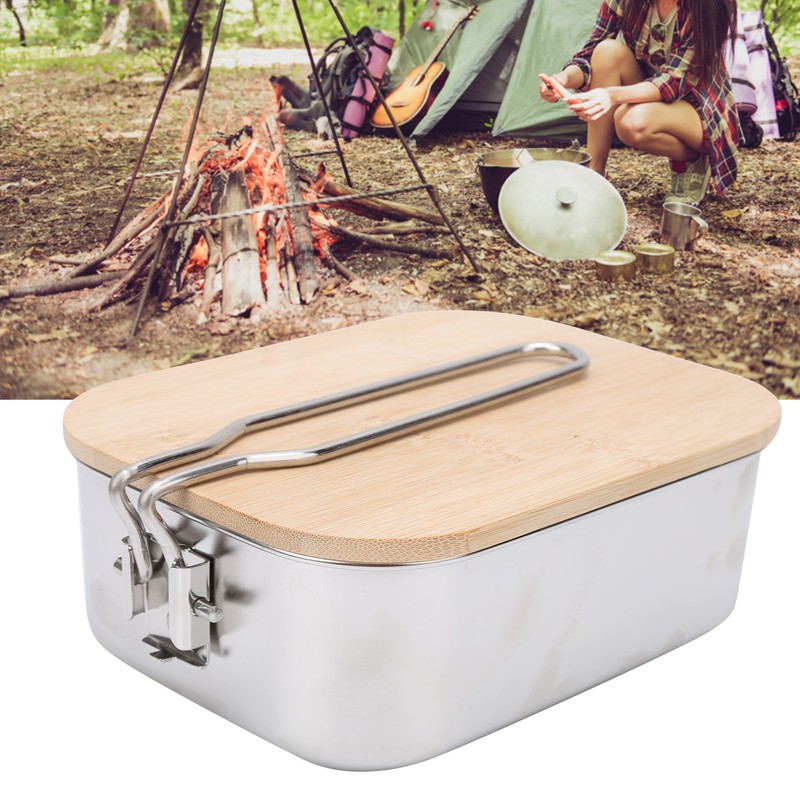 Stainless Steel Lunch Storage Box with Bamboo Lid Portable Camping