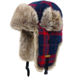 HEYANN Winter Trapper Hat,Warm Faux Fur Aviator Hat,Russian Trooper Hunting Ski Hat with Ear Flaps for Men & Women(RedBlue,L/XL)