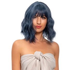 Pelucas para Mujer de pelo corto ondulado, 12"/30cm, Adecuado para Fiestas,Halloween, Juegos de Rol (12", Azul)