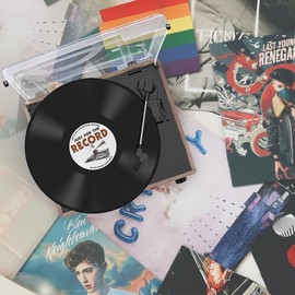 WOCKODER Vintage Vinyl Record Player with Speakers Retro Turntable Belt-Driven LP Phonograph 3-Speed Bluetooth Wireless Input AUX-in Headphone RCA Line Out All-in-one for Beginner Wooden Grain Grey