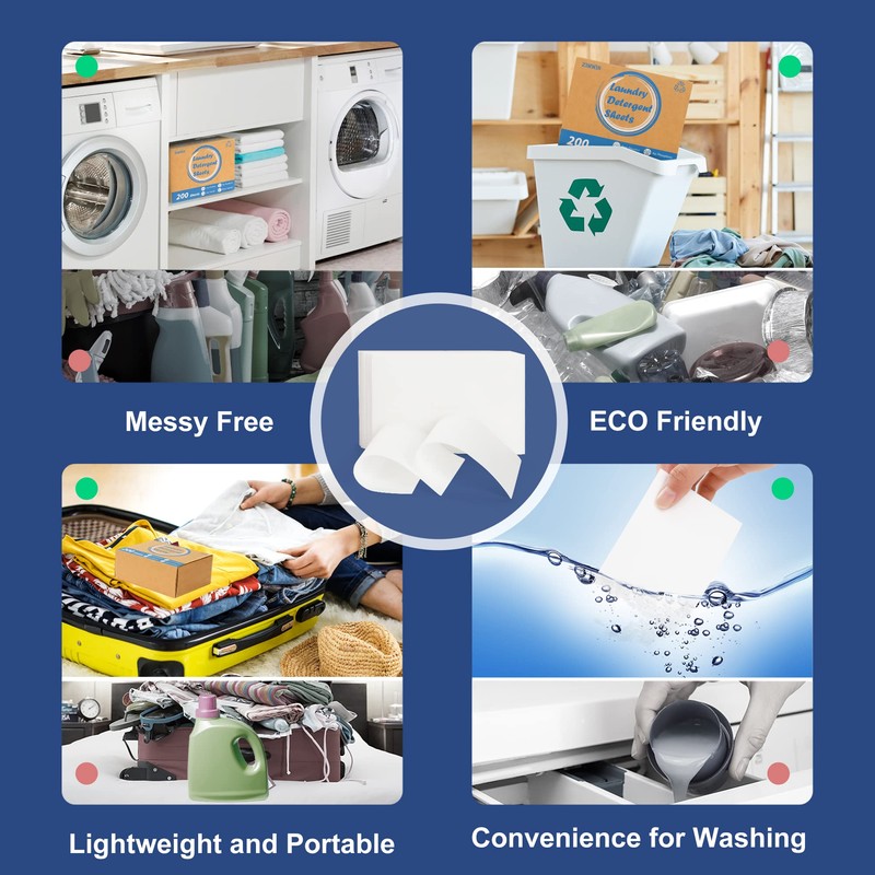 Laundry Detergent Sheets 200 Sheets, Fragrance-Free, Eco-Friendly, Plastic-Free, Hypoallergenic, Liquidless