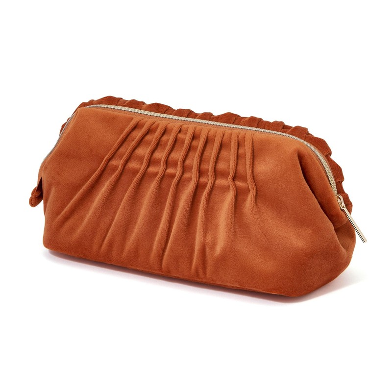 Francfranc Velour Pleated Wire Pouch, Orange with Pocket, Cosmetic Storage