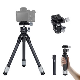 KtanKros KK-1MT Carbon Tripod, Ultra Lightweight, 14.1 oz (400 g), Mini Tripod with Extension Pole (Maximum + 10.2 inches (26 cm), Arcais Compatible Free Head Stand, 3 Tiers, Tabletop Tripod, SLR