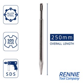 Rennie Tools SDS Moil Point Chisel Bit x 250mm Long. For Breaking Concrete, Brick, Ceramics, Floor Tiles & Masonry. For SDS & SDS Plus Drills. Pointed Chisel