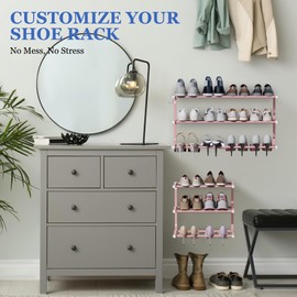 Jchccu Wall Mounted Shoe Rack, 3 Tier Hanging Shoe Rack Holds 12 Pairs, 17"-30" Adjustable Heavy Duty Metal Shoe Organizer Holder with 2 Storage Hooks, Space Saving for Closet Entryway Doorway（Pink