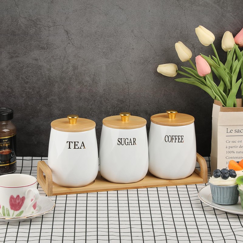 JUXYES Set of 3 Ceramic Canisters Set for Sugar Coffee