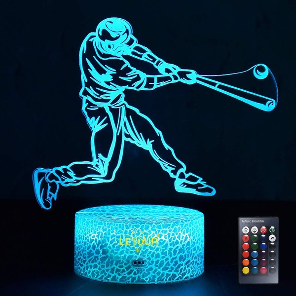 LETOUR Night Light for Kids Baseball Night Light 3D Illusion Lamp with Remote Control 16 Color Changing Xmas Halloween Birthday Gift for Child Baby Boy (Remote - Ice Crack Base)
