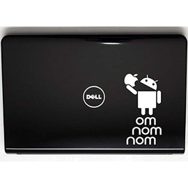 Android Eating Apple - OM NOM NOM - 3 1/2" x 6 3/4" die cut vinyl decal / bumper sticker for windows, cars, JDM, trucks, bumpers, tool boxes, boats, laptops - virtually any hard, smooth surface. MADE IN THE USA