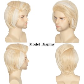 Miss U Hair Men Short Straight Blonde Wig with Beige Strands Highlight Anime Cosplay Wig