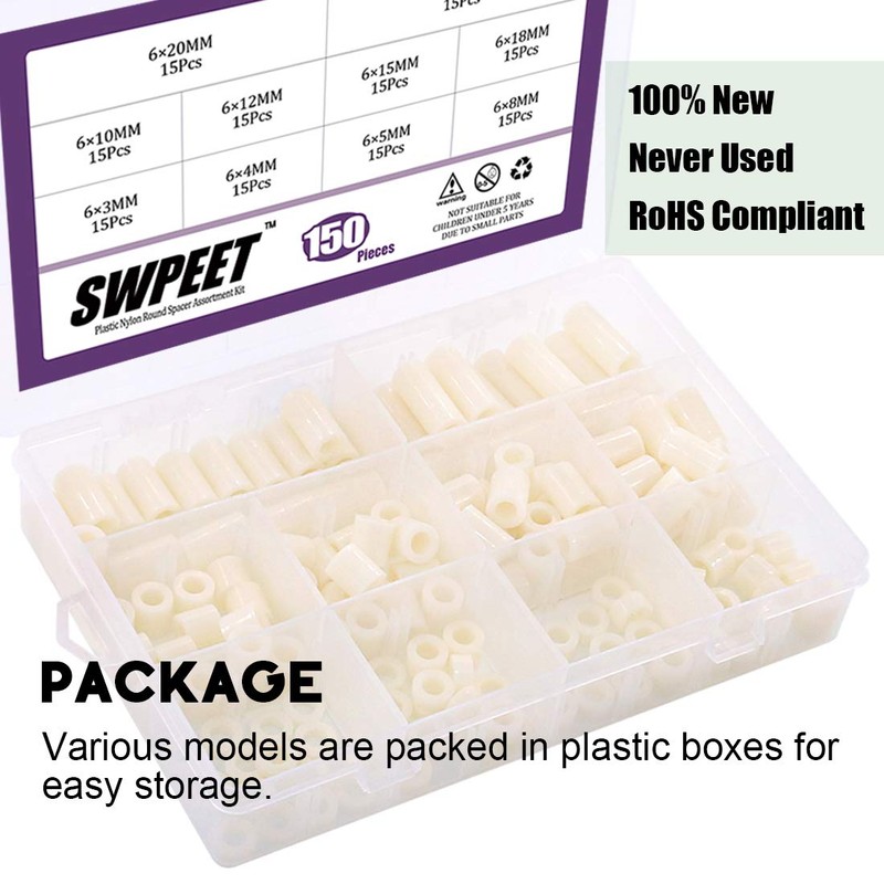 Swpeet 150Pcs Nylon Round Spacer Standoff Screw Nut Assortment Kit,