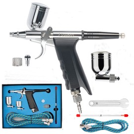Youteo - Juego de aerógrafo de doble acción con 2 agujas de 0,3 mm, boquillas, manguera de aire para tatuaje, maquillaje de uñas, pintura de hobby (kit de aerógrafo azul de 166 K con 0,3 mm)
