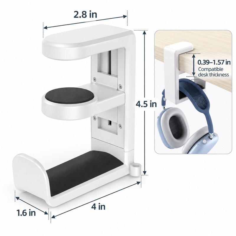 Rotating Headphone Holder for Desk – No-Punch Plastic Headset Hook
