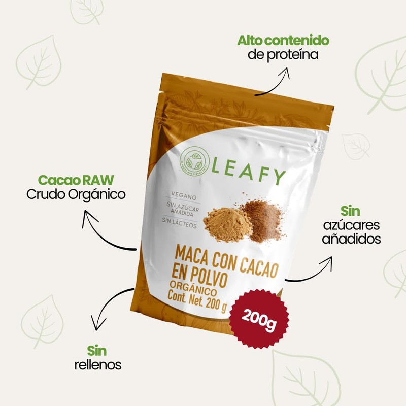 Leafy Maca con Cacao Natural y Orgánico Sin Azúcar 200g