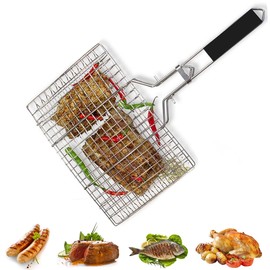 Barbecue Basket, Fish Roaster, Fish Grill Basket, Foldable Grill Fish Holder, Stainless Steel, Portable BBQ Grill Grid with Removable Handle, Grill Tool for Fish Vegetables, Shrimps, Steak, Shrimp