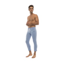 Mens 3/4 or 4/5 Length Zipper Pocket Capri Yoga Pant (Large, Ice Blue)