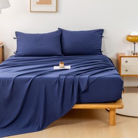 COTTEBED Cozy Queen Size Bed Sheet Set - Luxury 4 Piece Bedding Sheets & Pillowcases Set - Super Soft Washed Polycotton Cool Tech for All Seasons Use - Deep Pockets Fit Up to 16" Mattress Navy Blue