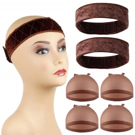 6 Pcs Brown Wig Grip Bands and Dome Mesh Wig Caps for Keeping Wigs in Place Stocking Wig Caps with Grip Wig Bands Nylon Wig Grip Caps Non-slip Scarf Adjustable Wig Grip Bands for Women