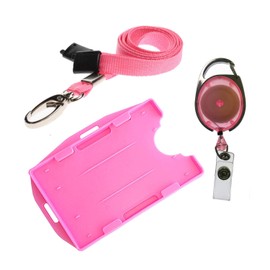 3 Piece ID Badge Set Pink Includes Metal Lobster Clip Lanyard, Retractable Badge Reel, Dual Double Sided ID Card Badge Holder (Landscape & Portrait in one Card Holder) PCL Media ltd