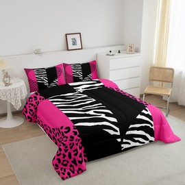Pink Leopard Comforter Set Twin Size Girls Cute Zebra Heart Bedding Set 2pcs Geometric Patchwork Stripes Quilted Duvet for Women Teens Room Decor Romantic Wild Animals Fur Bedspread,1 Pillowcase