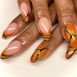 MISUD Press on Nails Medium Almond Fake Nails Glossy Glue on Nails Stiletto Acrylic Nails Orange French Tip Artificial Nails Butterfly Stick on False Nails with Design 24 pcs