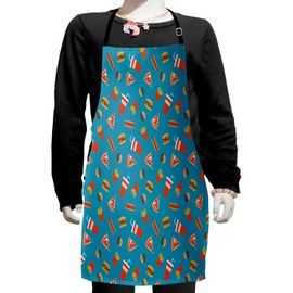 Ambesonne Food Apron, Delicious Doodle of Donuts Hot Dog Soda Cup Hamburger Fries and Pizza Slices, Small Apron Bib with Adjustable Ties for Baking Painting, Small Size, Sea Blue Multicolor