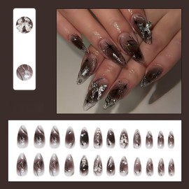 Long Almond Press on Nails Black Gradient Fake Nails 3D Cool Butterfly Rhinestones Design Acrylic Nails Silver Chrome Glue on Nails Full Cover False Nails Ballerina Artificial Nails for Women 24Pcs