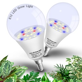 Full Spectrum Small Base E12 Candelabra Plant Grow Light Bulbs,Red Blue Yellow 5000K White Plant Growing Lamp Bulbs 10W with Balanced Spectrum for Indoor Seeds Greens Laboratory,School,Greenhouse,2Pcs