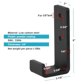 OTTFF - Paquete de 2 ganchos en J de acero negro de 8", gancho utilitario de montaje en pared extra resistente para colgar, garaje, carga...