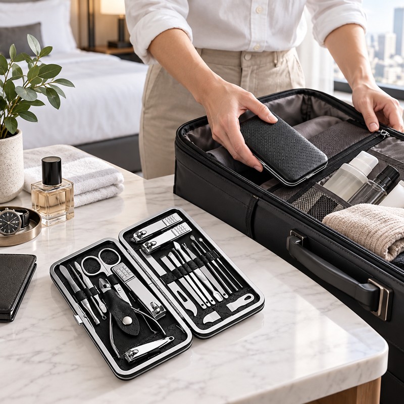 19-Piece Nail Clipper Set with Leather Case – Stainless Steel
