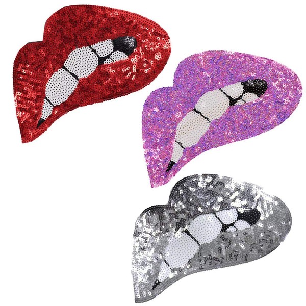 Pack of 3 Large Mouth Stains, Iron-On or Sew on Lips, Sequins, Embroidered Sequins, Lips, Punk Patches for Clothing, Jeans, T-Shirt, DIY Motif Appliqué (Silver, Red, Purple)