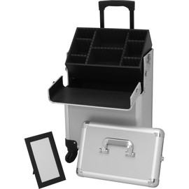HIKER Makeup Rolling Case HK6501 2 in 1 Hair Stylist Orgainzer, 3 Slide and 1 Removable Tray, 4 Wheel Spinner, Locking with Mirror, Extra Lid and Shoulder Strap, Silver Matte