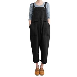 Gihuo Women's Fashion Baggy Loose Linen Overalls Jumpsuit Oversized Casual Sleeveless Rompers with Pockets (Black, XX-Large)