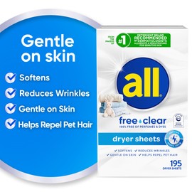 all Fabric Softener Dryer Sheets for Sensitive Skin, Free Clear, 195 Count