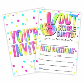 10th Confetti Birthday Invitations, Out Single Digits - Birthday Party Invite Cards（20 Count) With Envelopes, Fill In Style Invite Cards For Boys & Girls, Birthday Party Favor & Supplies-B32