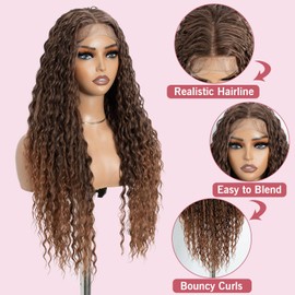 Style Icon Long Deep Curly Wave Lace Front Perücke 30 inches Ombre Brown Long Water Wave Wig for Women T Part Lace Wig with Baby Hair Synthetic Heat Resistant Fiber (T C4/C30)